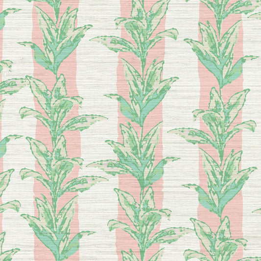 printed grasscloth with light pink and white vertical cabana stripes overlayed with light green and aqua shades of palm leaves also arranged in a vertical stripe cascading down the wallpaper  Natural Textured Eco-Friendly Non-toxic High-quality  Sustainable Interior Design Bold Custom Tailor-made Retro chic Tropical Jungle Coastal Garden Seaside Coastal Seashore Waterfront Vacation home styling Retreat Relaxed beach vibes Beach cottage Shoreline Oceanfront Nautical Cabana preppy palm leaf
