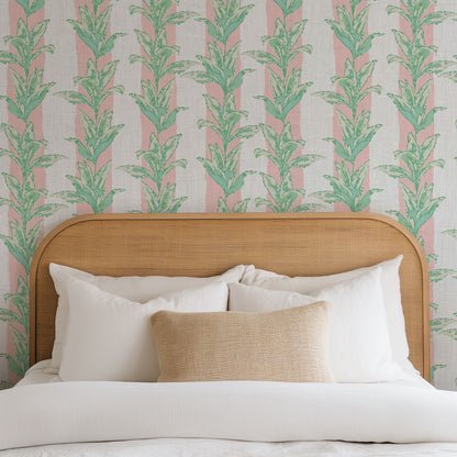 Sanibel Stripe Palm Leaf Linen Wallpaper