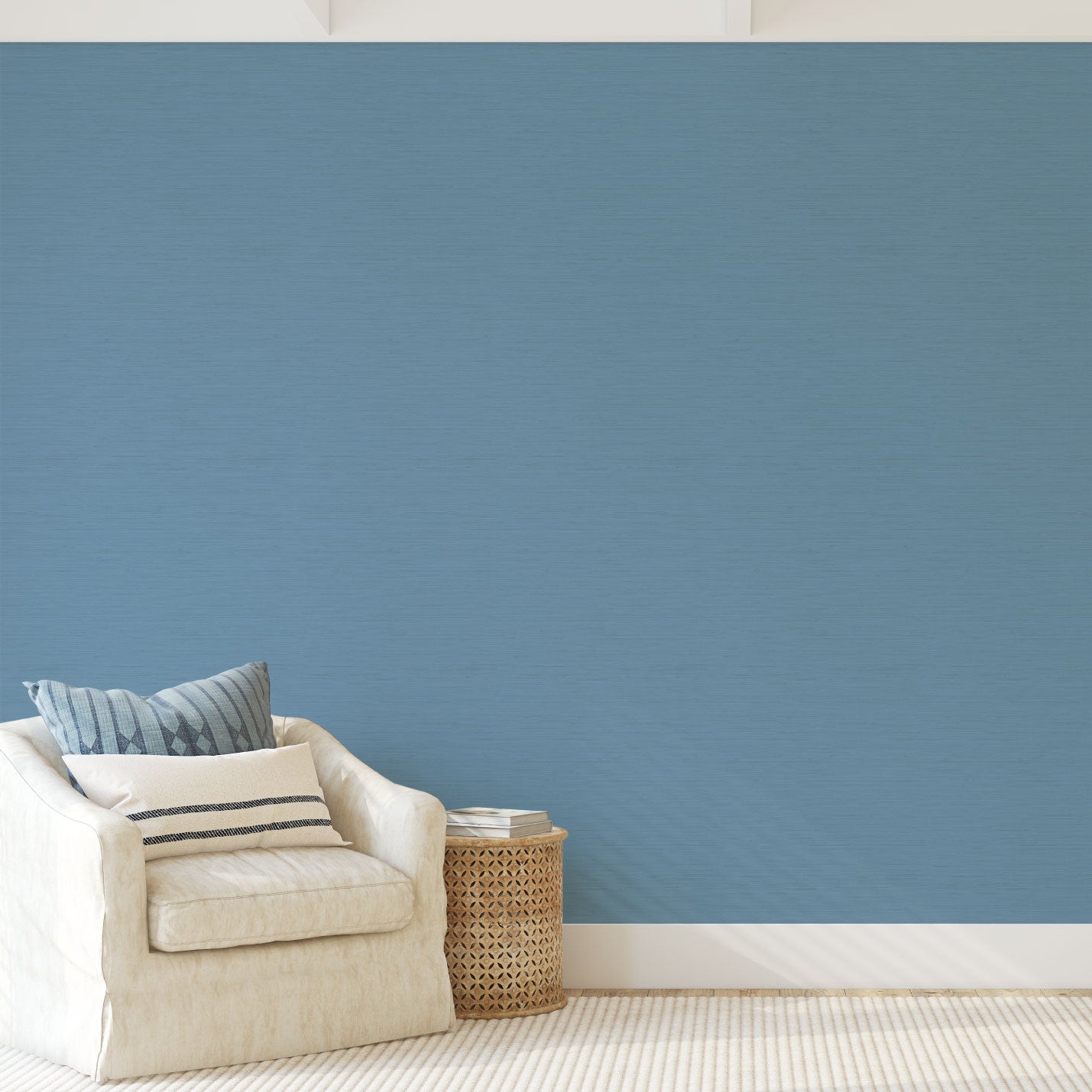 Grasscloth wallpaper Natural Textured Eco-Friendly Non-toxic High-quality Sustainable Interior Design Bold Custom Tailor-made Retro chic tropical Coastal Garden Seaside Seashore Waterfront Vacation home styling Retreat Relaxed beach vibes Beach cottage Shoreline Oceanfront Nautical Cabana preppy luxury timeless nature inspired french light blue sky ocean living room
