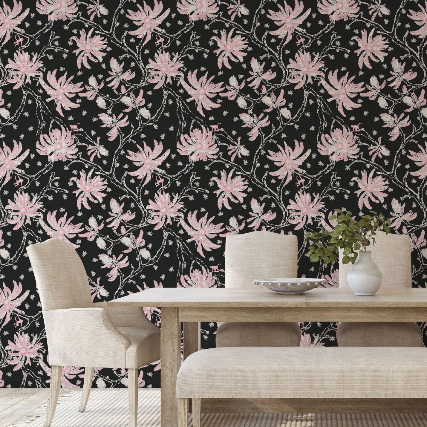 Shock the Monkey Chinoiserie Botanical Linen Wallpaper