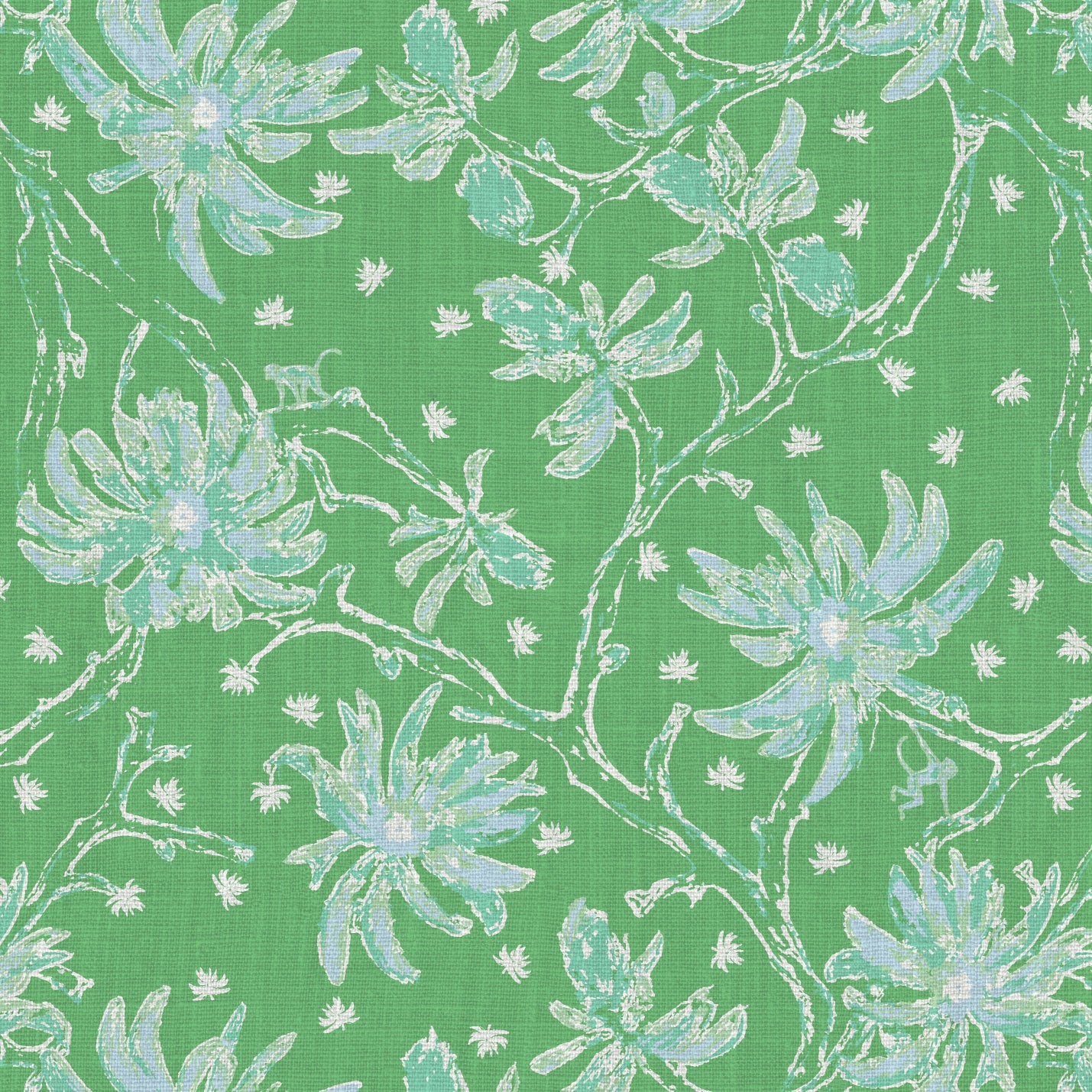 Natural Textured Eco-Friendly Non-toxic High-quality Sustainable practices Sustainability Wall covering Wallcovering Wallpaper Luxury Contemporary Designer Custom interior Bespoke Tailor-made Nature inspired Bold Garden Wallpaper Chinoiserie Asian inspired chinz tree branches flowers flower floral garden monkey animal chinese asian inspired kelly green bright green light blue white linen