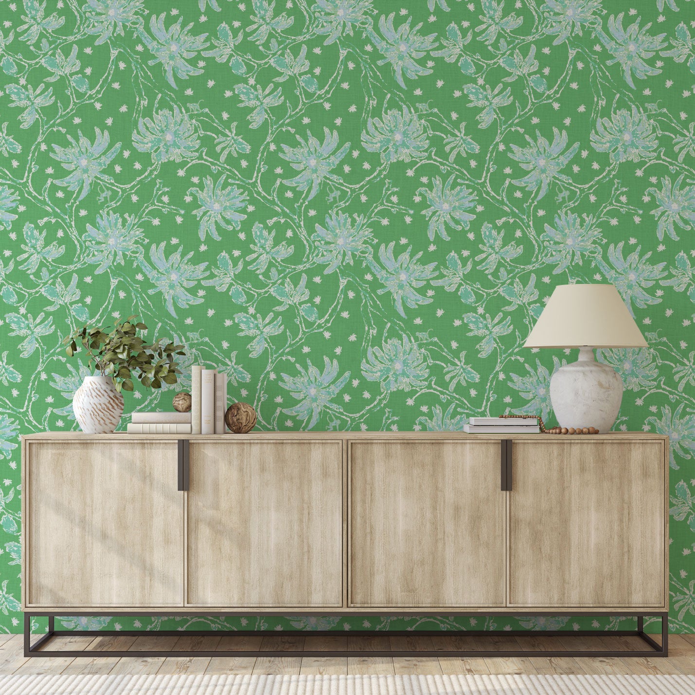 Shock the Monkey Chinoiserie Botanical Linen Wallpaper