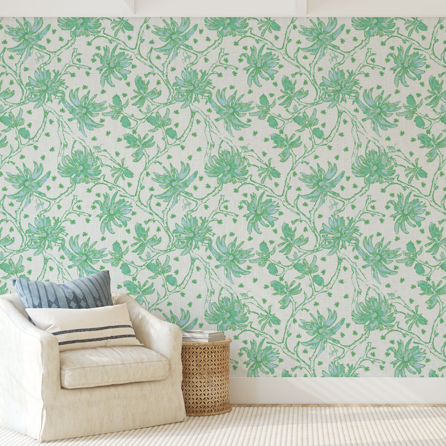 Natural Textured Eco-Friendly Non-toxic High-quality Sustainable practices Sustainability Wall covering Wallcovering Wallpaper Luxury Contemporary Designer Custom interior Bespoke Tailor-made Nature inspired Bold Garden Wallpaper Chinoiserie Asian inspired chinz tree branches flowers flower floral garden monkey animal chinese asian inspired linen white with green and teal