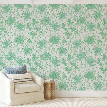 Natural Textured Eco-Friendly Non-toxic High-quality Sustainable practices Sustainability Wall covering Wallcovering Wallpaper Luxury Contemporary Designer Custom interior Bespoke Tailor-made Nature inspired Bold Garden Wallpaper Chinoiserie Asian inspired chinz tree branches flowers flower floral garden monkey animal chinese asian inspired linen white with green and teal