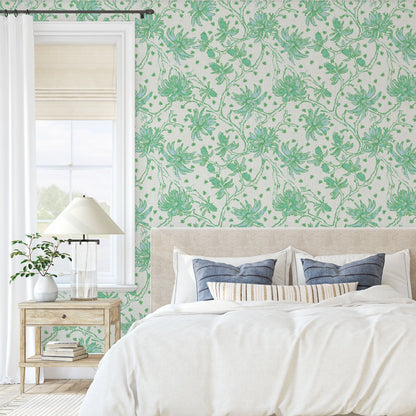 Natural Textured Eco-Friendly Non-toxic High-quality Sustainable practices Sustainability Wall covering Wallcovering Wallpaper Luxury Contemporary Designer Custom interior Bespoke Tailor-made Nature inspired Bold Garden Wallpaper Chinoiserie Asian inspired chinz tree branches flowers flower floral garden monkey animal chinese asian inspired linen white with green and teal