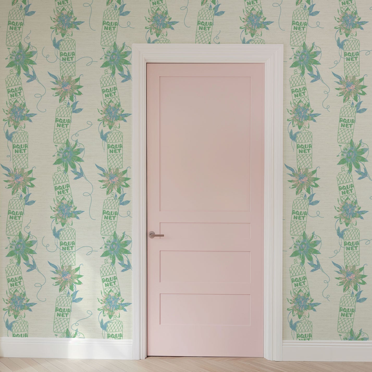 white based printed grasscloth wallpaper with vertical stripes made up of aqua net hairspray bottles lined up with big flowers in between. aqua net hairspray beauty bar salon medspa  Grasscloth wallpaper Natural Textured Eco-Friendly Non-toxic High-quality  Sustainable Interior Design Bold Custom Tailor-made Retro chic tropical jungle kids bathroom