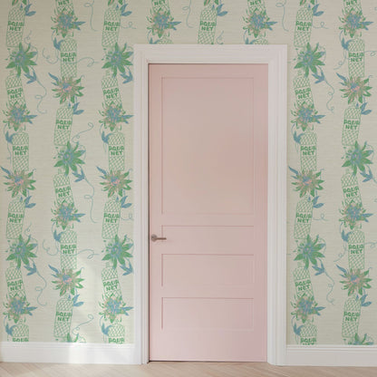 white based printed grasscloth wallpaper with vertical stripes made up of aqua net hairspray bottles lined up with big flowers in between. aqua net hairspray beauty bar salon medspa  Grasscloth wallpaper Natural Textured Eco-Friendly Non-toxic High-quality  Sustainable Interior Design Bold Custom Tailor-made Retro chic tropical jungle kids bathroom