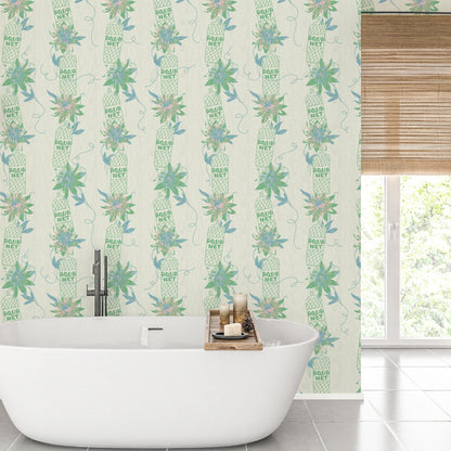 white based printed grasscloth wallpaper with vertical stripes made up of aqua net hairspray bottles lined up with big flowers in between. aqua net hairspray beauty bar salon medspa  Grasscloth wallpaper Natural Textured Eco-Friendly Non-toxic High-quality  Sustainable Interior Design Bold Custom Tailor-made Retro chic tropical jungle kids bathroom paper weave paperweave basketweave basket weave