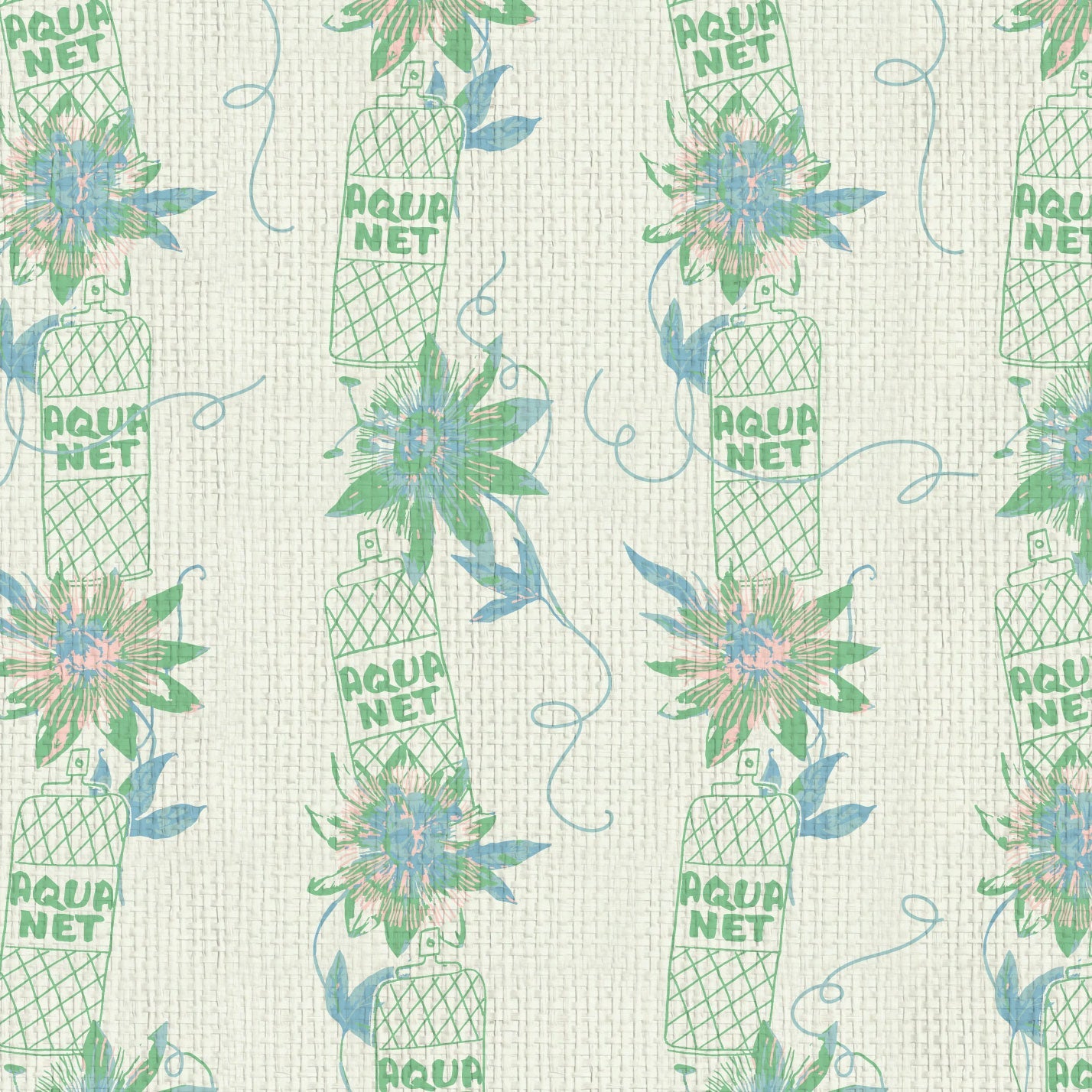 white based printed grasscloth wallpaper with vertical stripes made up of aqua net hairspray bottles lined up with big flowers in between. aqua net hairspray beauty bar salon medspa  Grasscloth wallpaper Natural Textured Eco-Friendly Non-toxic High-quality  Sustainable Interior Design Bold Custom Tailor-made Retro chic tropical jungle kids bathroom paper weave paperweave basketweave basket weave