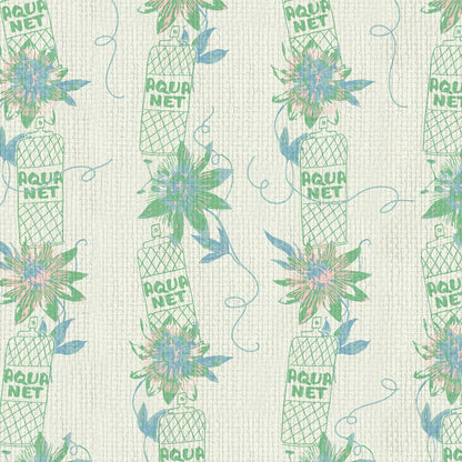 white based printed grasscloth wallpaper with vertical stripes made up of aqua net hairspray bottles lined up with big flowers in between. aqua net hairspray beauty bar salon medspa  Grasscloth wallpaper Natural Textured Eco-Friendly Non-toxic High-quality  Sustainable Interior Design Bold Custom Tailor-made Retro chic tropical jungle kids bathroom paper weave paperweave basketweave basket weave