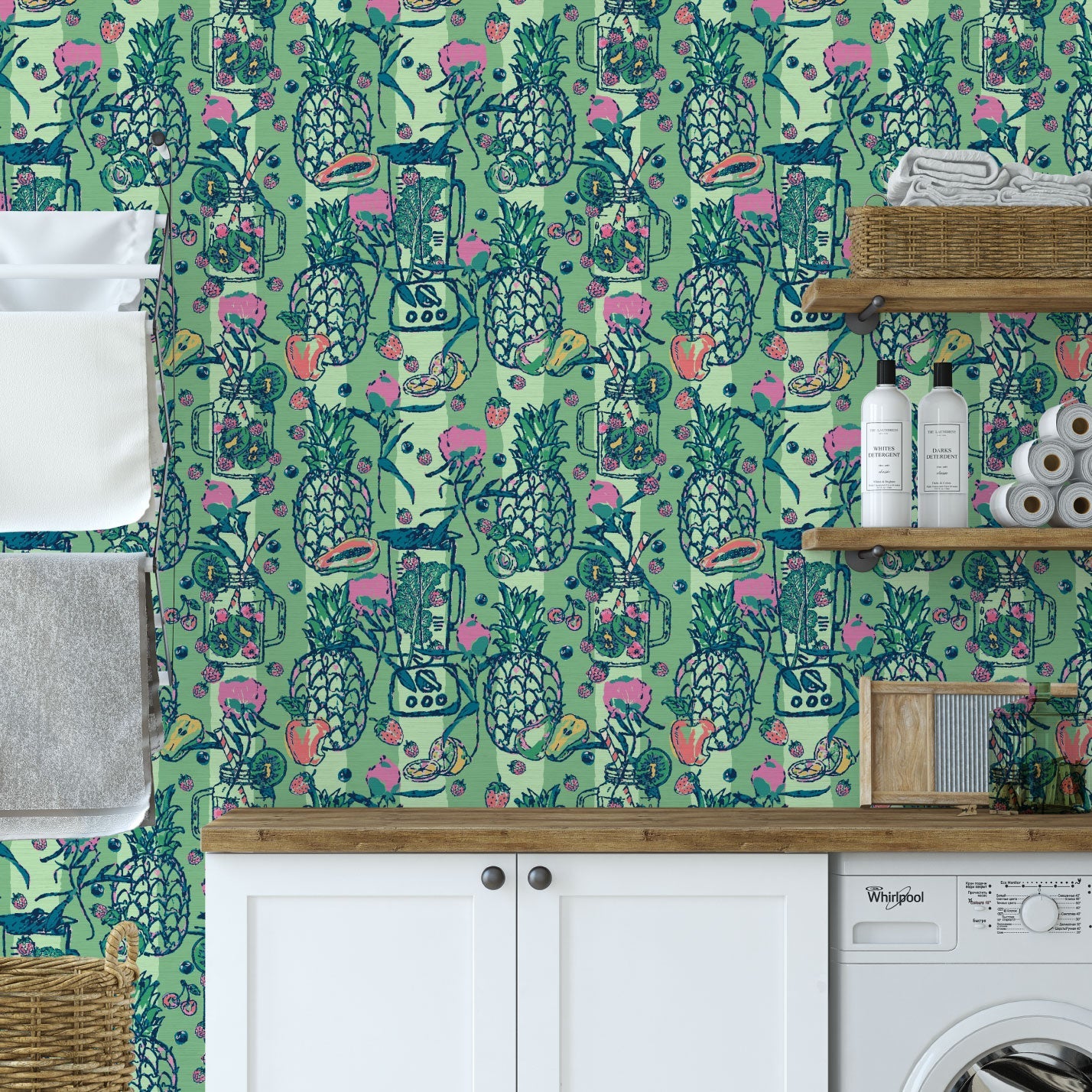 printed grasscloth wallpaper with tonal bright green vertical stripes with blenders, smoothie mason jars and a variety of fruits: berries, kiwis, pineapplies paired with leafy greens for this smoothie inspired print. natural, eco-friendly, textured wallcovering non-toxic wide stripe sustainable smoothie restaurant, juice retro  Tropical Jungle Coastal Garden Seaside Coastal Seashore Waterfront Vacation home styling Retreat Relaxed beach vibes Beach cottage Shoreline Oceanfront Nautical Cabana preppy