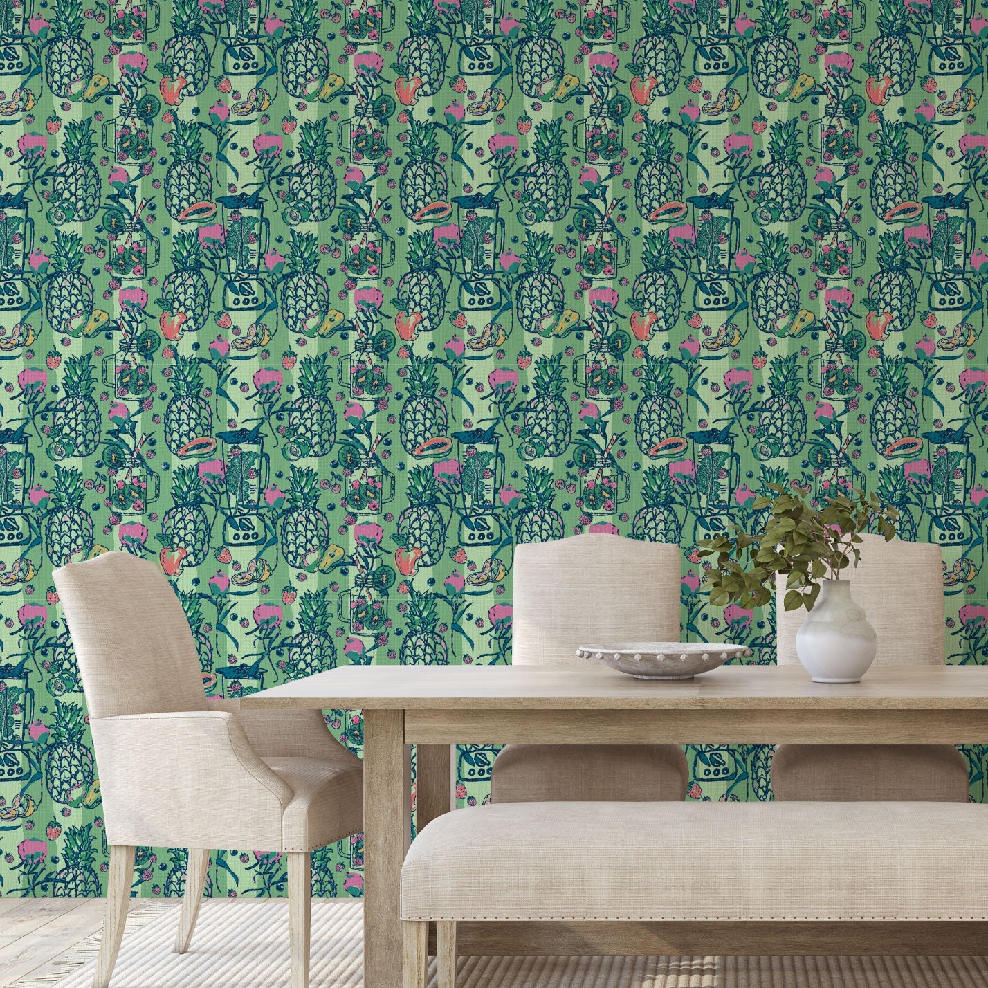 wallpaper with tonal bright green vertical stripes with blenders, smoothie mason jars and a variety of fruits: berries, kiwis, pineapplies paired with leafy greens for this smoothie inspired print. natural, eco-friendly, textured wallcovering non-toxic wide stripe sustainable smoothie restaurant, juice retro  Tropical Jungle Coastal Garden  preppy paper weave paperweave basketweave smoothie juice restaurant