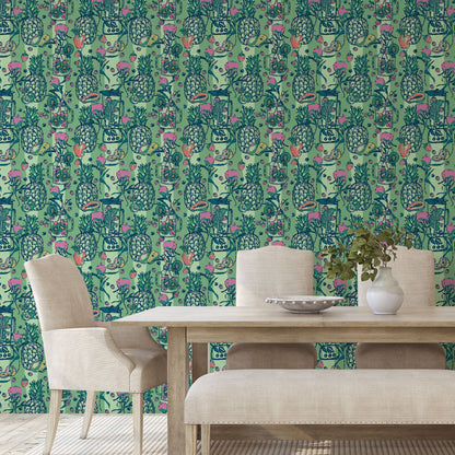 wallpaper with tonal bright green vertical stripes with blenders, smoothie mason jars and a variety of fruits: berries, kiwis, pineapplies paired with leafy greens for this smoothie inspired print. natural, eco-friendly, textured wallcovering non-toxic wide stripe sustainable smoothie restaurant, juice retro  Tropical Jungle Coastal Garden  preppy paper weave paperweave basketweave smoothie juice restaurant