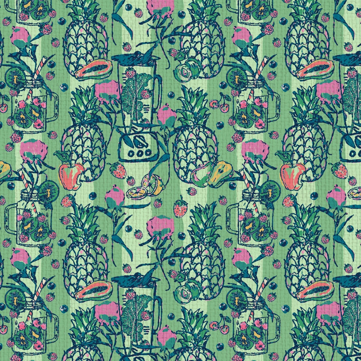 wallpaper with tonal bright green vertical stripes with blenders, smoothie mason jars and a variety of fruits: berries, kiwis, pineapplies paired with leafy greens for this smoothie inspired print. natural, eco-friendly, textured wallcovering non-toxic wide stripe sustainable smoothie restaurant, juice retro  Tropical Jungle Coastal Garden  preppy paper weave paperweave basketweave smoothie juice restaurant