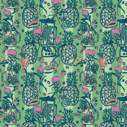 wallpaper with tonal bright green vertical stripes with blenders, smoothie mason jars and a variety of fruits: berries, kiwis, pineapplies paired with leafy greens for this smoothie inspired print. natural, eco-friendly, textured wallcovering non-toxic wide stripe sustainable smoothie restaurant, juice retro  Tropical Jungle Coastal Garden  preppy paper weave paperweave basketweave smoothie juice restaurant