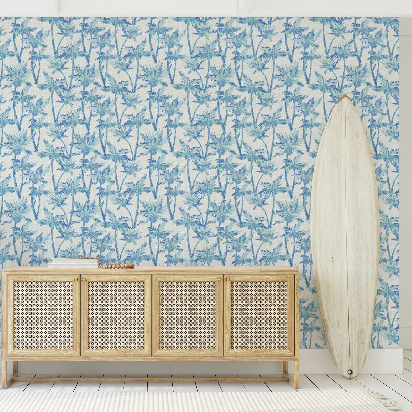 wallpaper Natural Textured Eco-Friendly Non-toxic High-quality Sustainable Interior Design Bold Custom Tailor-made Retro chic Tropical Jungle Coastal Garden Seaside Coastal Seashore Waterfront Vacation home styling Retreat Relaxed beach vibes Beach cottage Shoreline Oceanfront nature palm tree palms tonal cream sand off-white ocean sky surf blue teal linen