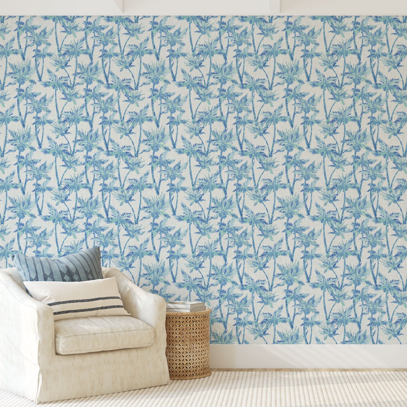 wallpaper Natural Textured Eco-Friendly Non-toxic High-quality Sustainable Interior Design Bold Custom Tailor-made Retro chic Tropical Jungle Coastal Garden Seaside Coastal Seashore Waterfront Vacation home styling Retreat Relaxed beach vibes Beach cottage Shoreline Oceanfront nature palm tree palms tonal cream sand off-white ocean sky surf blue teal linen