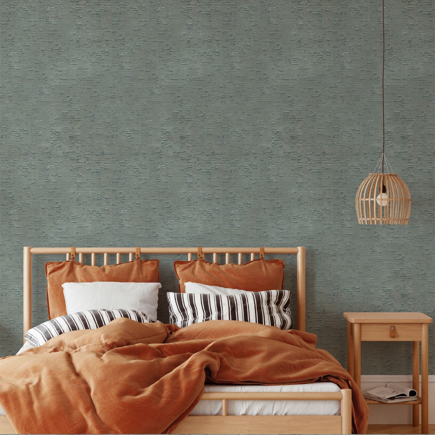 cork wallpaper Natural Textured Eco-Friendly Non-toxic High-quality  Sustainable Interior Design Bold Custom Tailor-made Retro chic Luxury Contemporary Bespoke metallic nature blue teal woodgrain bedroom
