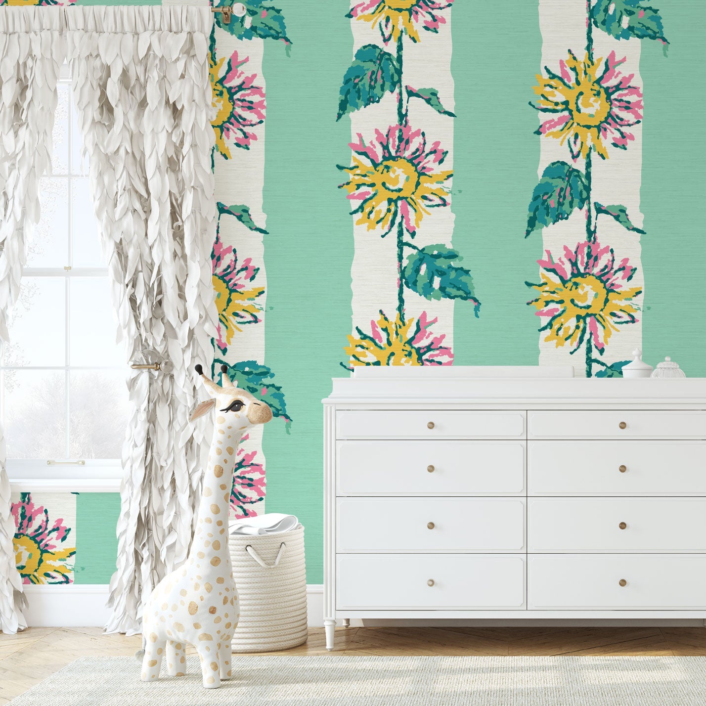Grasscloth wallpaper Natural Textured Eco-Friendly Non-toxic High-quality  Sustainable Interior Design Bold Custom Tailor-made Retro chic garden cottage floral flower sunflower stripe botanical farm vacation house cabin bespoken sunflower yellow green leaf mint green white 