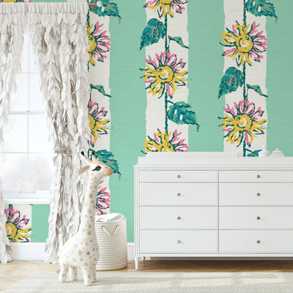 Grasscloth wallpaper Natural Textured Eco-Friendly Non-toxic High-quality  Sustainable Interior Design Bold Custom Tailor-made Retro chic garden cottage floral flower sunflower stripe botanical farm vacation house cabin bespoken sunflower yellow green leaf mint green white 