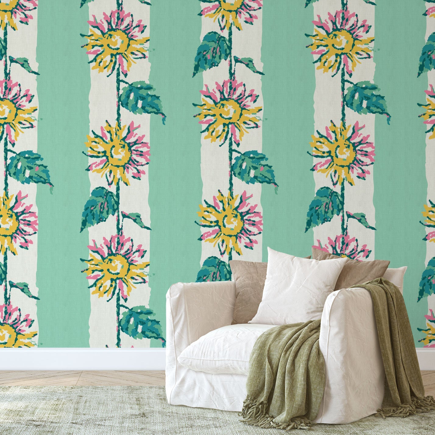 wallpaper Natural Textured Eco-Friendly Non-toxic High-quality  Sustainable Interior Design Bold Custom Tailor-made Retro chic garden cottage floral flower sunflower stripe botanical farm vacation house cabin bespoken sunflower yellow green leaf mint green white paperweave paper weave