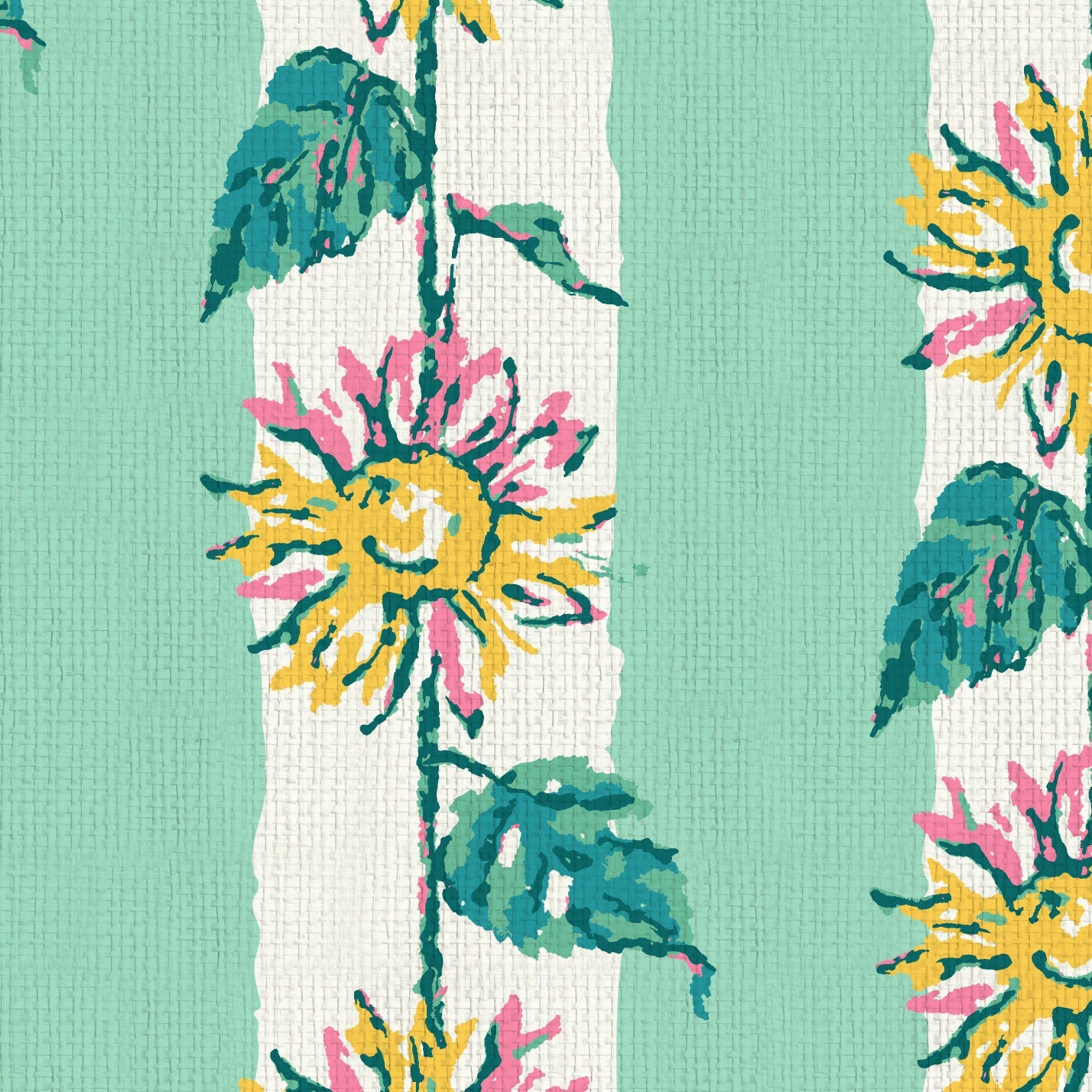 wallpaper Natural Textured Eco-Friendly Non-toxic High-quality  Sustainable Interior Design Bold Custom Tailor-made Retro chic garden cottage floral flower sunflower stripe botanical farm vacation house cabin bespoken sunflower yellow green leaf mint green white paperweave paper weave