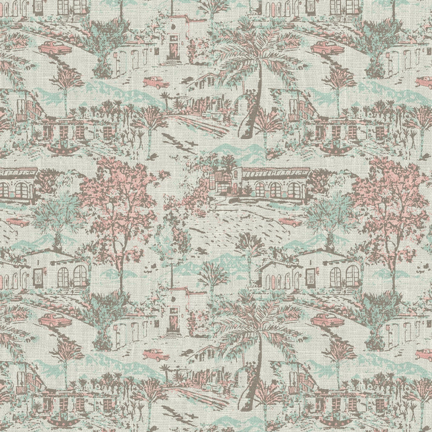 wallpaper Natural Textured Eco-Friendly Non-toxic High-quality Sustainable Interior Design Bold Custom Tailor-made Retro chic tropical coastal garden vacation toile toile de jouy vintage spanish houses car palm tree bougainvillea preppy timeless classic nature mountains ojai california cream off-white pastel pink mint green floral flowers linen