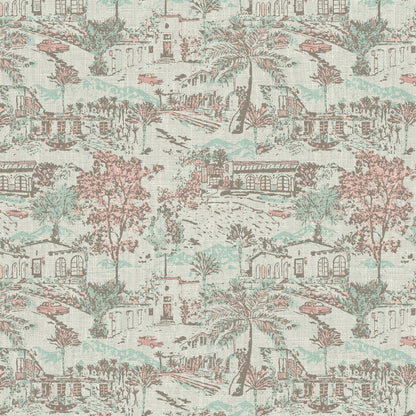 wallpaper Natural Textured Eco-Friendly Non-toxic High-quality Sustainable Interior Design Bold Custom Tailor-made Retro chic tropical coastal garden vacation toile toile de jouy vintage spanish houses car palm tree bougainvillea preppy timeless classic nature mountains ojai california cream off-white pastel pink mint green floral flowers linen