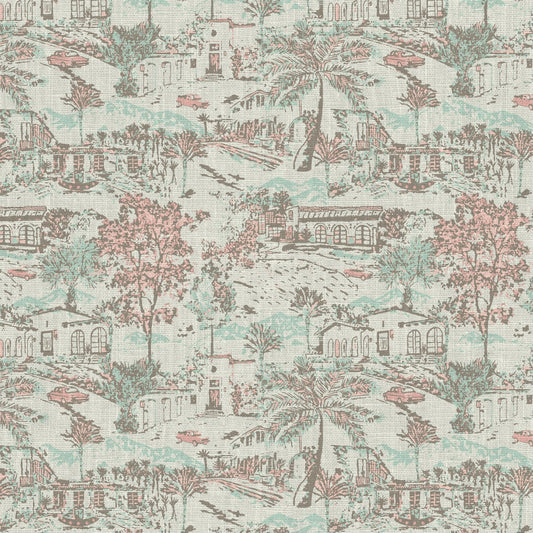 wallpaper Natural Textured Eco-Friendly Non-toxic High-quality Sustainable Interior Design Bold Custom Tailor-made Retro chic tropical coastal garden vacation toile toile de jouy vintage spanish houses car palm tree bougainvillea preppy timeless classic nature mountains ojai california cream off-white pastel pink mint green floral flowers linen