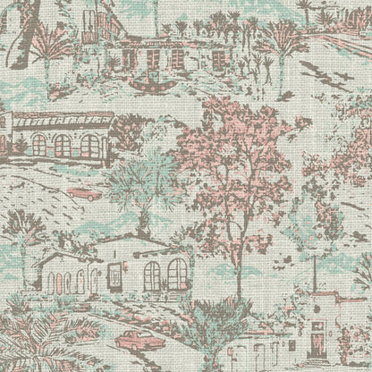 wallpaper Natural Textured Eco-Friendly Non-toxic High-quality Sustainable Interior Design Bold Custom Tailor-made Retro chic tropical coastal garden vacation toile toile de jouy vintage spanish houses car palm tree bougainvillea preppy timeless classic nature mountains ojai california cream off-white pastel pink mint green floral flowers linen