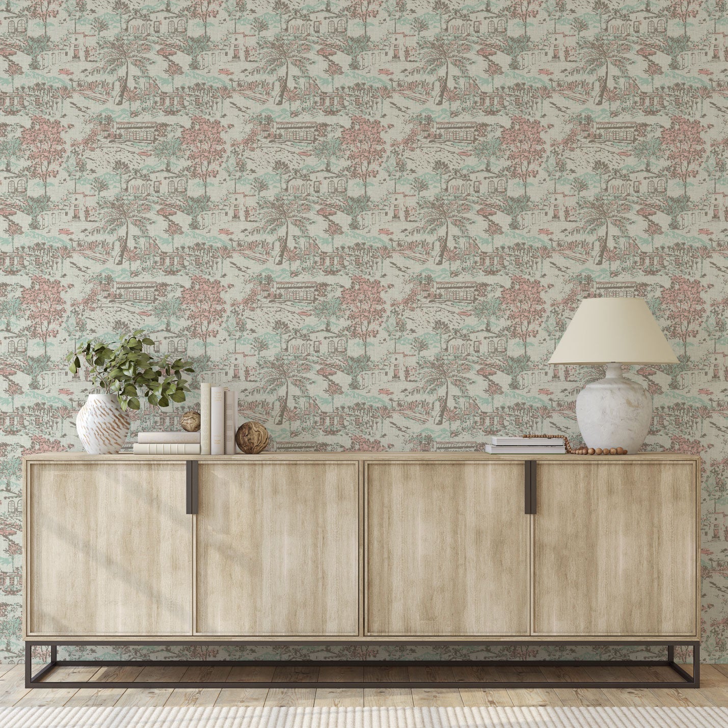 wallpaper Natural Textured Eco-Friendly Non-toxic High-quality Sustainable Interior Design Bold Custom Tailor-made Retro chic tropical coastal garden vacation toile toile de jouy vintage spanish houses car palm tree bougainvillea preppy timeless classic nature mountains ojai california cream off-white pastel pink mint green floral flowers linen