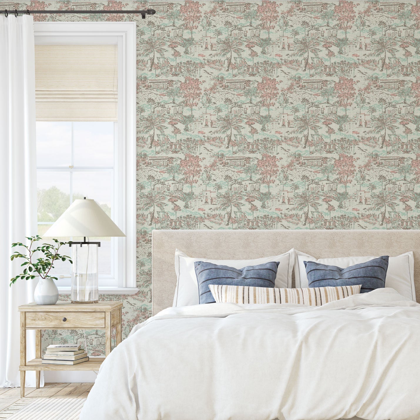 wallpaper Natural Textured Eco-Friendly Non-toxic High-quality Sustainable Interior Design Bold Custom Tailor-made Retro chic tropical coastal garden vacation toile toile de jouy vintage spanish houses car palm tree bougainvillea preppy timeless classic nature mountains ojai california cream off-white pastel pink mint green floral flowers linen