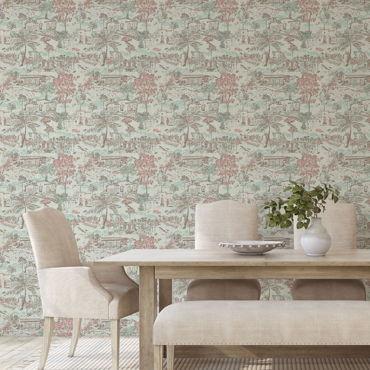wallpaper Natural Textured Eco-Friendly Non-toxic High-quality Sustainable Interior Design Bold Custom Tailor-made Retro chic tropical coastal garden vacation toile toile de jouy vintage spanish houses car palm tree bougainvillea preppy timeless classic nature mountains ojai california cream off-white pastel pink mint green floral flowers linen