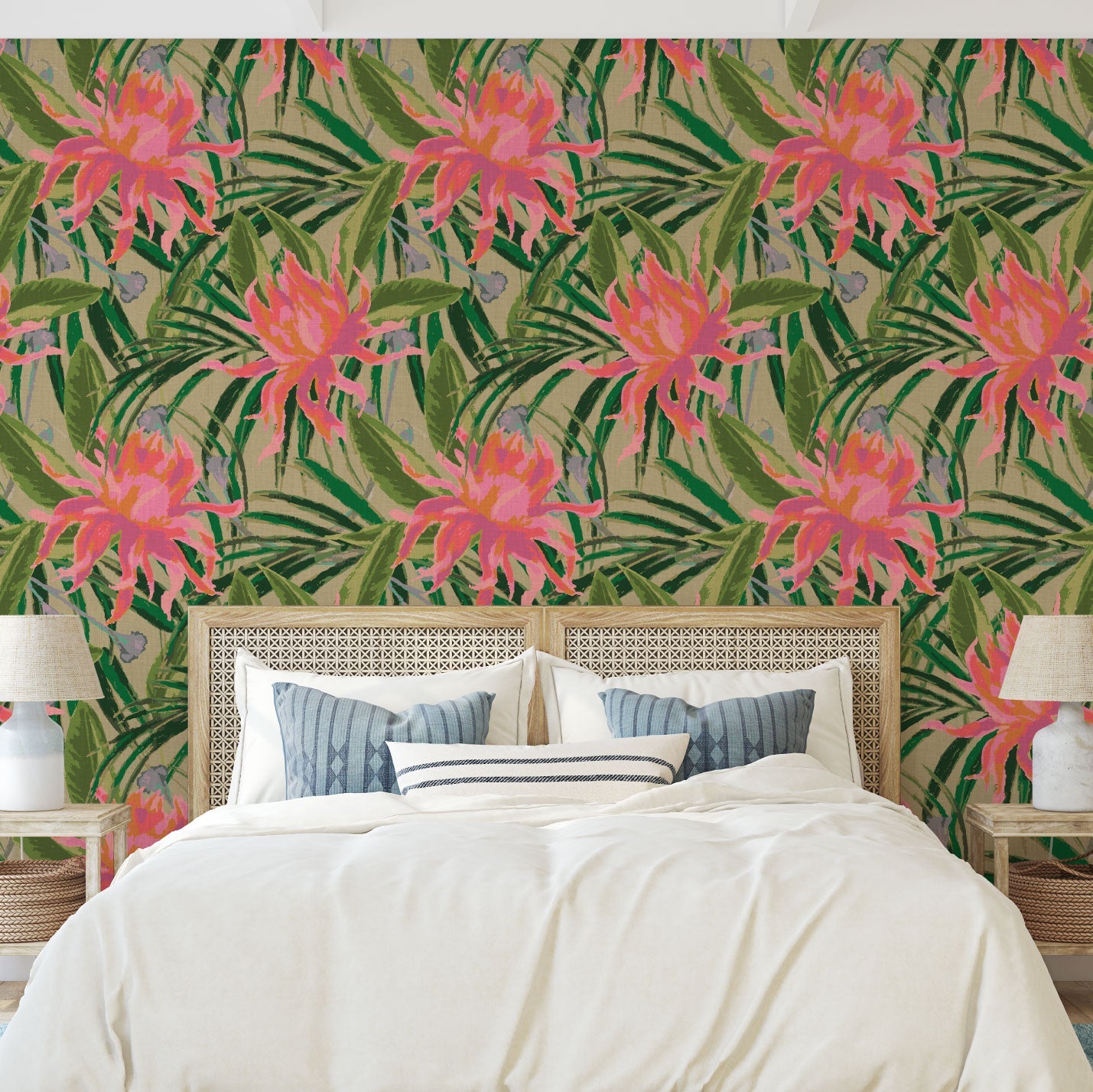 wallpaper with olive green based featuring oversized painterly tropical flowers and palm leafs in striking shades of pink, orange and lavender and leafs in shades of deep green Natural Textured Eco-Friendly Non-toxic High-quality Sustainable Interior Design Bold Custom Tailor-made Retro chic Tropical Jungle Coastal preppy Garden Seaside Coastal Seashore Waterfront Vacation home styling Retreat Relaxed beach vibes Beach cottage Shoreline Oceanfront botanical palm leaf linen