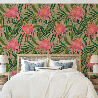 wallpaper with olive green based featuring oversized painterly tropical flowers and palm leafs in striking shades of pink, orange and lavender and leafs in shades of deep green Natural Textured Eco-Friendly Non-toxic High-quality Sustainable Interior Design Bold Custom Tailor-made Retro chic Tropical Jungle Coastal preppy Garden Seaside Coastal Seashore Waterfront Vacation home styling Retreat Relaxed beach vibes Beach cottage Shoreline Oceanfront botanical palm leaf linen
