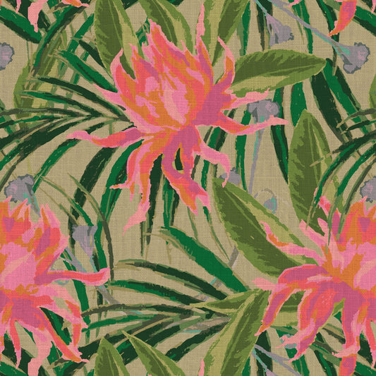 wallpaper with olive green based featuring oversized painterly tropical flowers and palm leafs in striking shades of pink, orange and lavender and leafs in shades of deep green Natural Textured Eco-Friendly Non-toxic High-quality Sustainable Interior Design Bold Custom Tailor-made Retro chic Tropical Jungle Coastal preppy Garden Seaside Coastal Seashore Waterfront Vacation home styling Retreat Relaxed beach vibes Beach cottage Shoreline Oceanfront botanical palm leaf linen