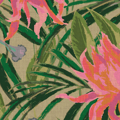 wallpaper with olive green based featuring oversized painterly tropical flowers and palm leafs in striking shades of pink, orange and lavender and leafs in shades of deep green Natural Textured Eco-Friendly Non-toxic High-quality Sustainable Interior Design Bold Custom Tailor-made Retro chic Tropical Jungle Coastal preppy Garden Seaside Coastal Seashore Waterfront Vacation home styling Retreat Relaxed beach vibes Beach cottage Shoreline Oceanfront botanical palm leaf linen