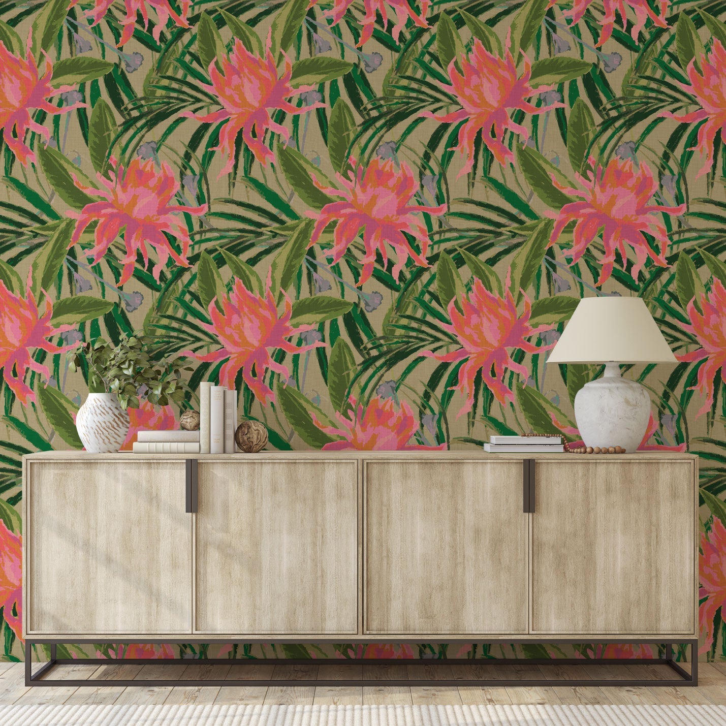 wallpaper with olive green based featuring oversized painterly tropical flowers and palm leafs in striking shades of pink, orange and lavender and leafs in shades of deep green Natural Textured Eco-Friendly Non-toxic High-quality Sustainable Interior Design Bold Custom Tailor-made Retro chic Tropical Jungle Coastal preppy Garden Seaside Coastal Seashore Waterfront Vacation home styling Retreat Relaxed beach vibes Beach cottage Shoreline Oceanfront botanical palm leaf linen