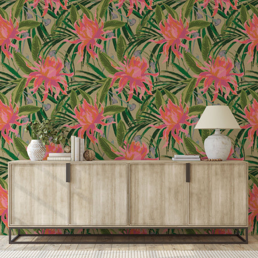 wallpaper with olive green based featuring oversized painterly tropical flowers and palm leafs in striking shades of pink, orange and lavender and leafs in shades of deep green Natural Textured Eco-Friendly Non-toxic High-quality Sustainable Interior Design Bold Custom Tailor-made Retro chic Tropical Jungle Coastal preppy Garden Seaside Coastal Seashore Waterfront Vacation home styling Retreat Relaxed beach vibes Beach cottage Shoreline Oceanfront botanical palm leaf linen