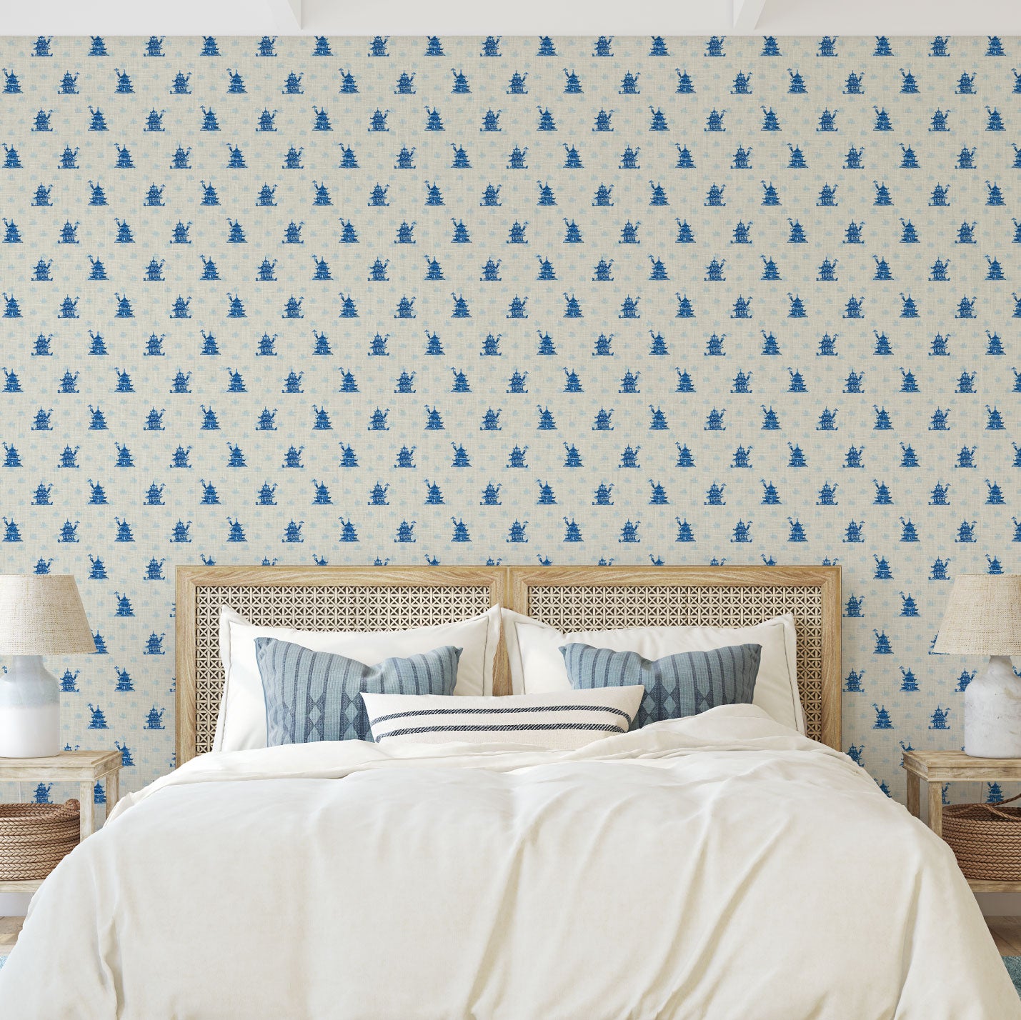 The Wanderer Mini Chinoiserie Pagodas Linen Wallpaper