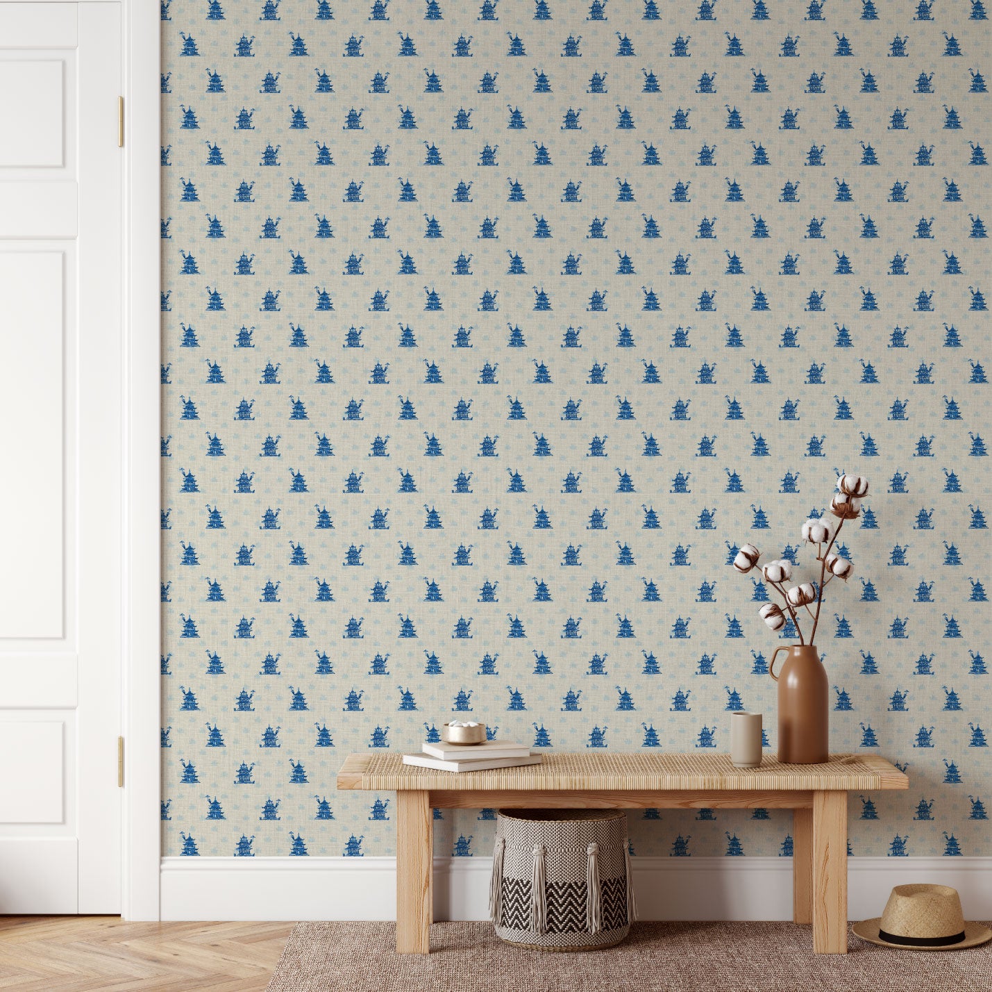 The Wanderer Mini Chinoiserie Pagodas Linen Wallpaper