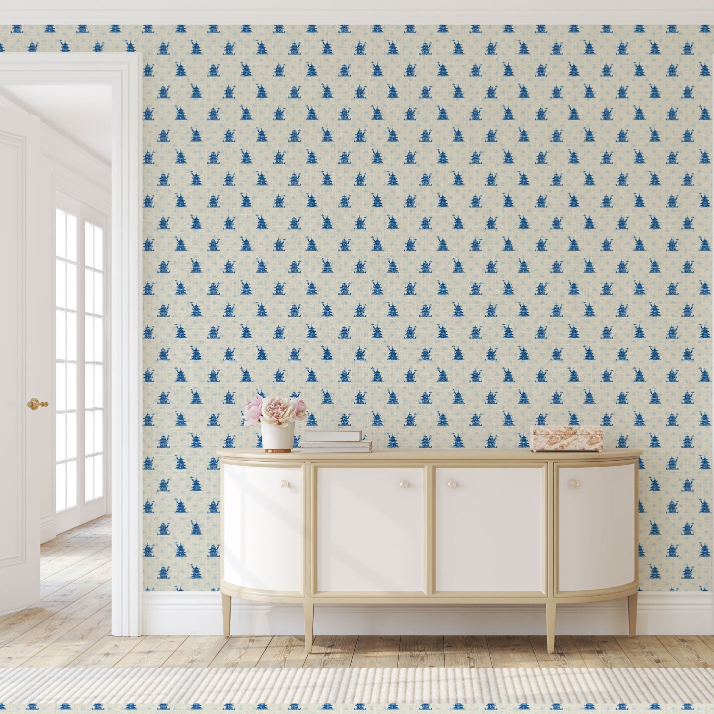 wallpaper Natural Textured Eco-Friendly Non-toxic High-quality Sustainable Interior Design Bold Custom Tailor-made Retro chic Grandmillennial Maximalism Traditional Dopamine decor french blue cream royal off-white chintz chinoiserie asian inspired pagoda chinese stripe geo geometric linen