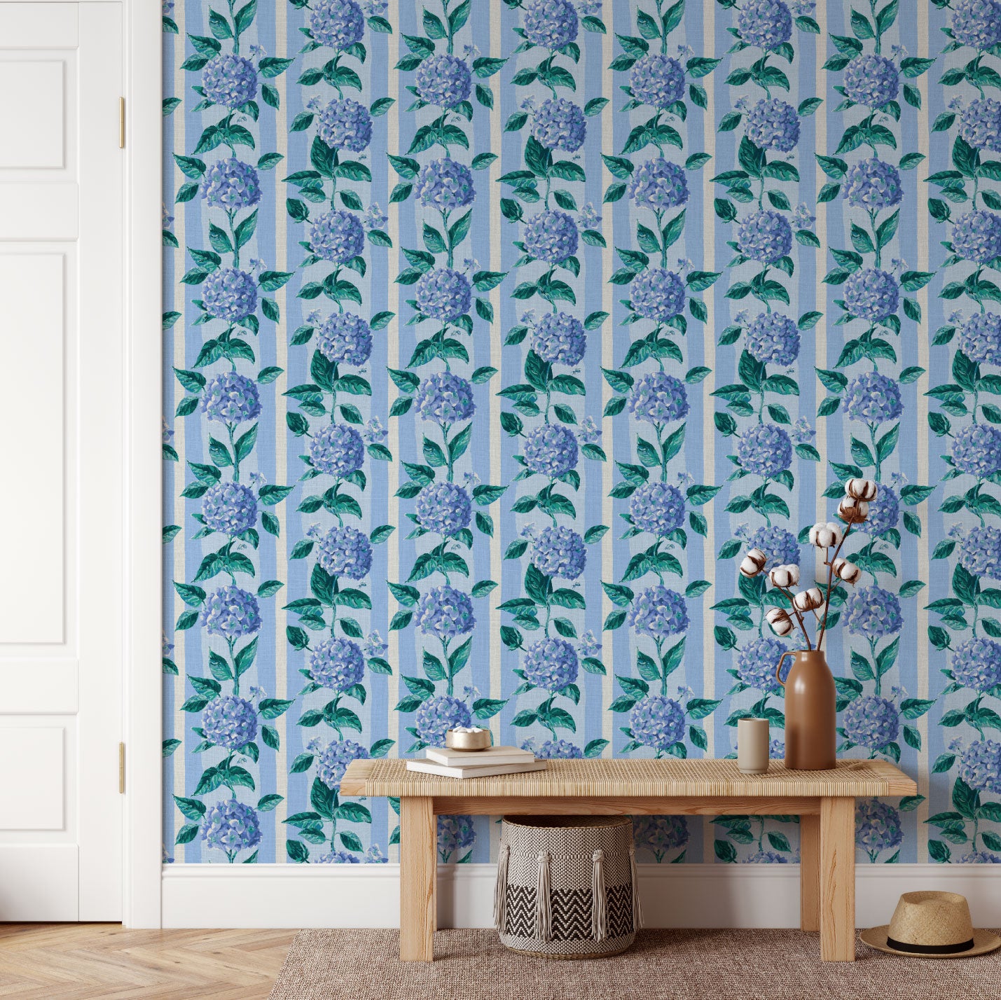Welcome to Bloom Town Hydrangea Stripe Linen Wallpaper