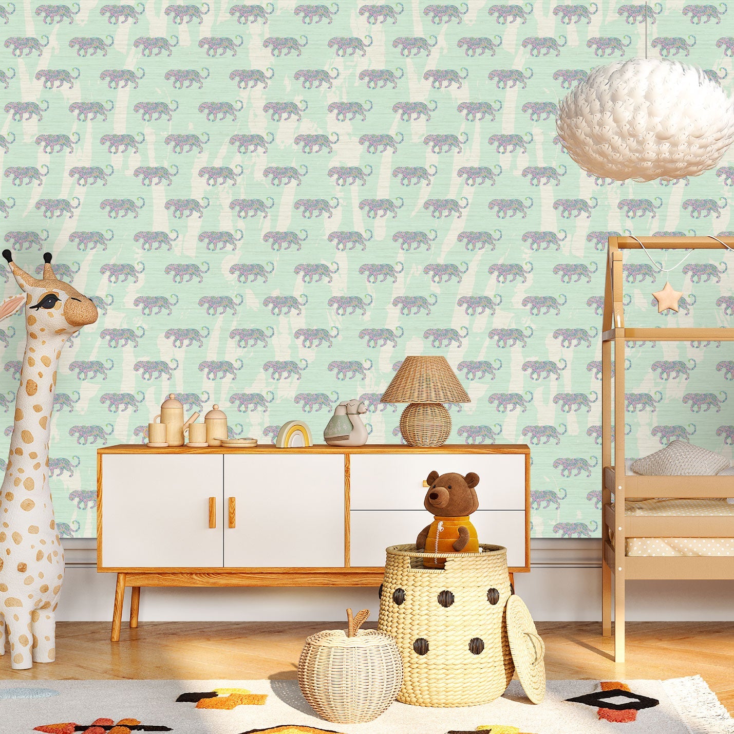 Grasscloth wallpaper Natural Textured Eco-Friendly Non-toxic High-quality Sustainable Interior Design Bold Custom Tailor-made Retro chic Grand millennial Maximalism Traditional Dopamine decor Tropical Jungle Coastal wild zoo animal cat cheetah grid stripe horizontal kids playroom bathroom mint green pastel pink