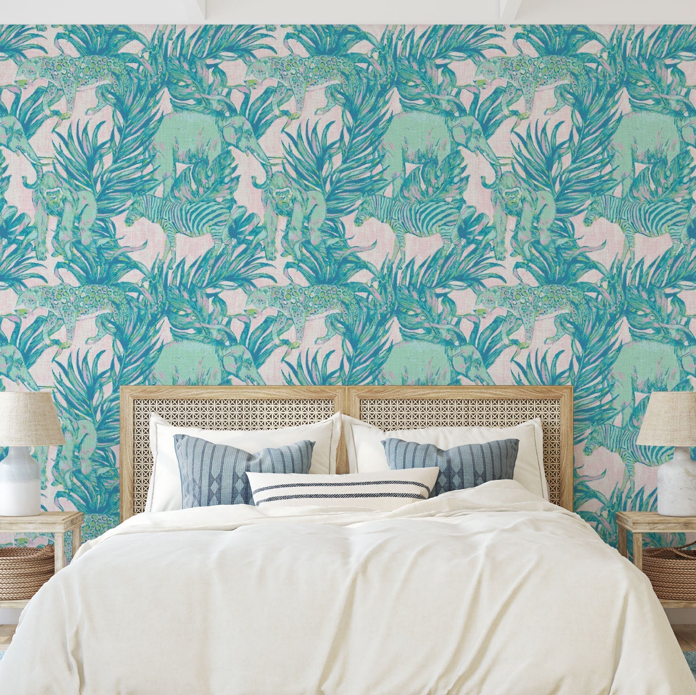 wallpaper Natural Textured Eco-Friendly Non-toxic High-quality Sustainable Interior Design Bold Custom Tropical Jungle Coastal Garden palm leaf tree zoo safari elephant zebra cheetah gorilla water color oversized kids playroom nursery teal green pastel neon pink linen