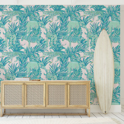 wallpaper Natural Textured Eco-Friendly Non-toxic High-quality Sustainable Interior Design Bold Custom Tropical Jungle Coastal Garden palm leaf tree zoo safari elephant zebra cheetah gorilla water color oversized kids playroom nursery teal green pastel neon pink linen
