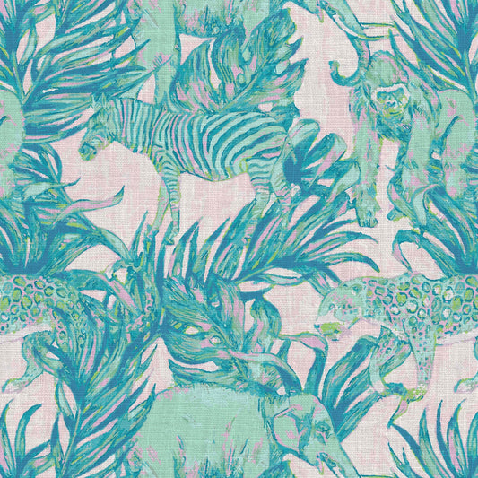 wallpaper Natural Textured Eco-Friendly Non-toxic High-quality Sustainable Interior Design Bold Custom Tropical Jungle Coastal Garden palm leaf tree zoo safari elephant zebra cheetah gorilla water color oversized kids playroom nursery teal green pastel neon pink linen
