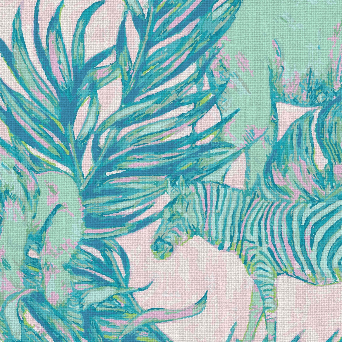 wallpaper Natural Textured Eco-Friendly Non-toxic High-quality Sustainable Interior Design Bold Custom Tropical Jungle Coastal Garden palm leaf tree zoo safari elephant zebra cheetah gorilla water color oversized kids playroom nursery teal green pastel neon pink linen