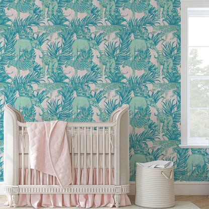 wallpaper Natural Textured Eco-Friendly Non-toxic High-quality Sustainable Interior Design Bold Custom Tropical Jungle Coastal Garden palm leaf tree zoo safari elephant zebra cheetah gorilla water color oversized kids playroom nursery teal green pastel neon pink linen