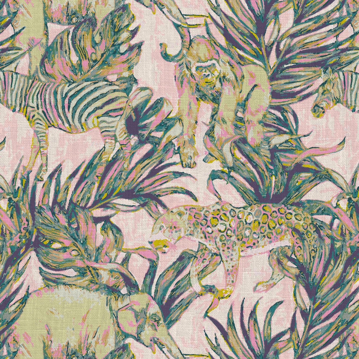 wallpaper Natural Textured Eco-Friendly Non-toxic High-quality Sustainable Interior Design Bold Custom Tropical Jungle Coastal Garden palm leaf tree zoo safari elephant zebra cheetah gorilla water color oversized kids playroom nursery green pastel neon pink linen